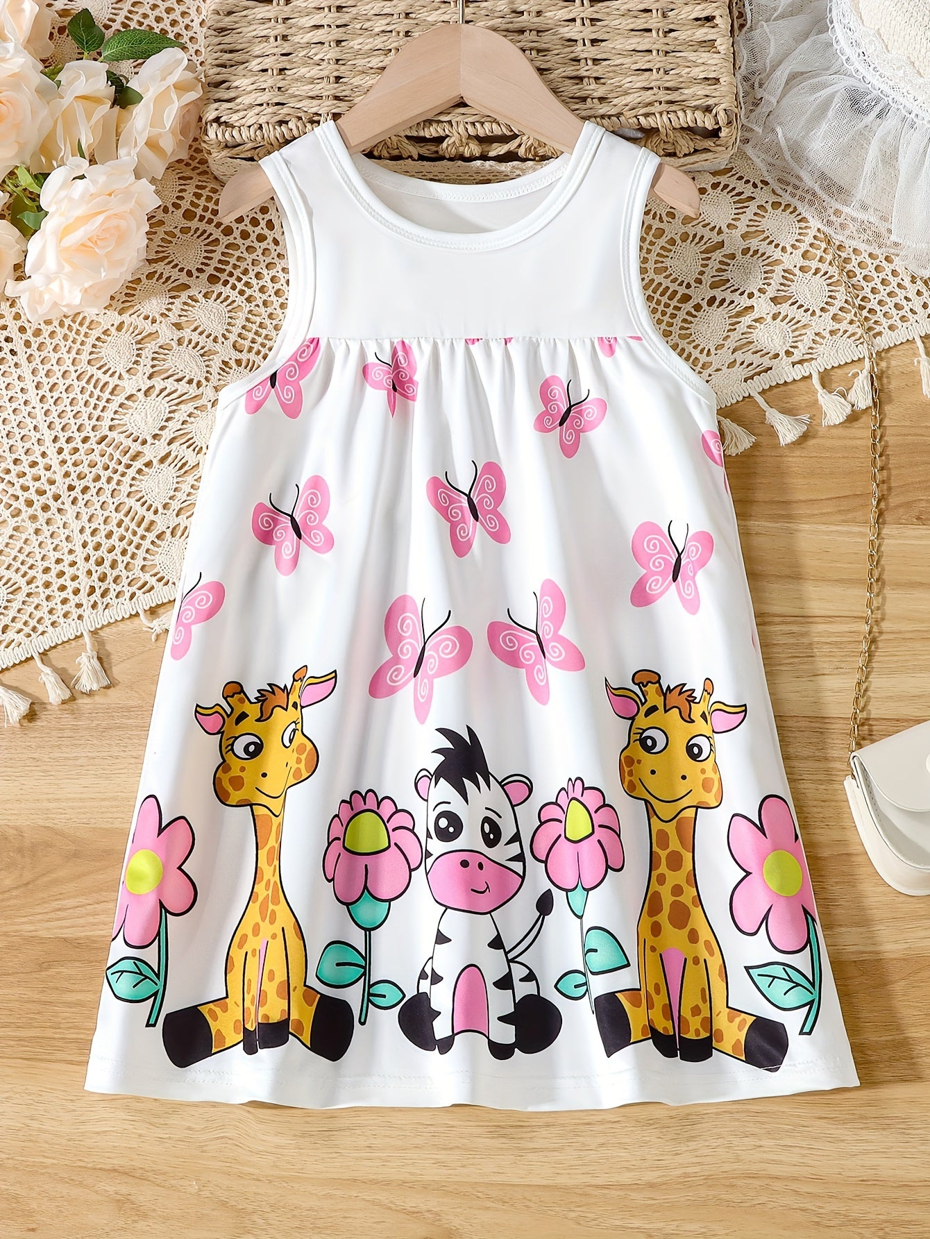 Charming Sleeveless Cartoon Dress for Girls - Crew Neck, Adorable Summer Party Outfit, Perfect Birthday Present.