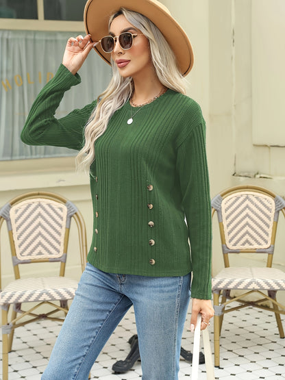 vlovelaw  Ribbed Button Decor Crew Neck T-Shirt, Casual Long Sleeve Top For Spring & Fall, Women's Clothing