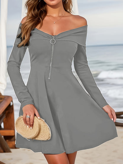 vlovelaw  Zip-up Off-shoulder A-line Dress, Elegant Long Sleeve Flare Dress, Women's Clothing