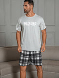 Mens Pajama Set - Relaxed Casual Style with Unique Grey Letter Print and Plaid Shorts, Ultra-Soft and Comfortable for Home and Outdoor Wearing, Perfect for Summer Season