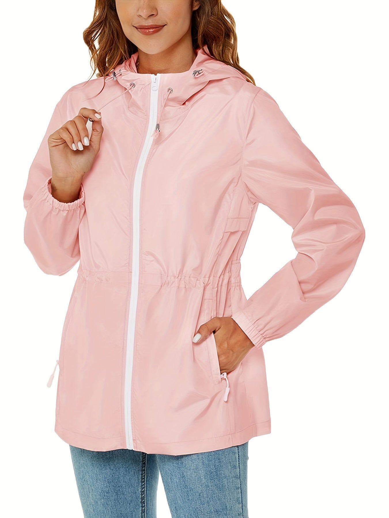 vlovelaw  Drawstring Hooded Jacket, Casual Zip Up Long Sleeve Solid Outerwear, Women's Clothing