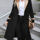 vlovelaw  Button Front Contrast Trim Trench Coat, Casual Long Sleeve Trench Coat, Women's Clothing