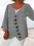 Plus Size Casual Top, Women's Plus Floral Print Long Sleeve Notched Neck Asymmetrical Hem Slight Stretch Top