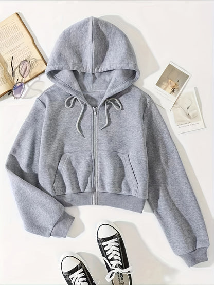 vlovelaw  Solid Drawstring Zip Up Thermal Lined Crop Hoodie Sweatshirt, Long Sleeve Pocket Front Sweatshirt, Women's Tops