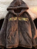 Embroidered Fuzzy Hooded Coat, Casual Drawstring Zip Up Outerwear, Women's Clothing