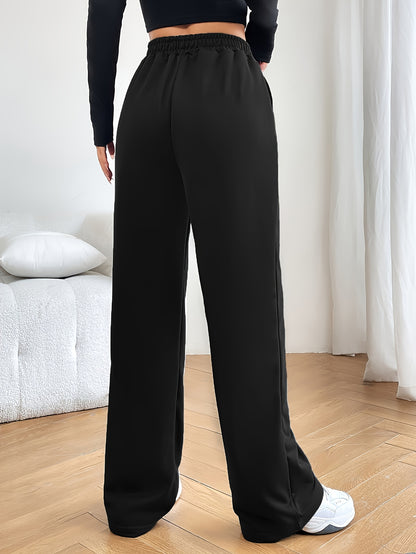 vlovelaw  Plus Size Sports Pants, Women's Plus Plain Black Double Buttons Waist Detail High Stretch Slash Pockets Pants