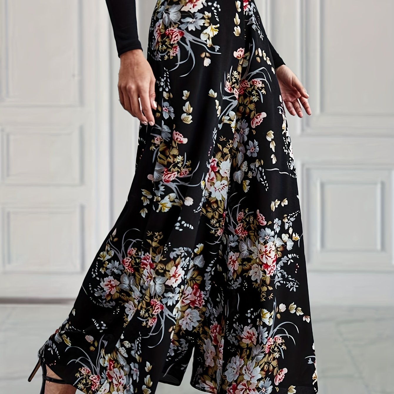 vlovelaw  Floral Print Wide Leg Pants, Elegant High Waist Flowy Pants, Women's Clothing