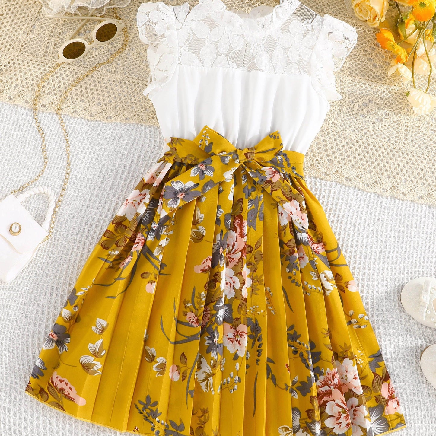 Summer Blooms Girls Dress - Lace Accented Pleated Floral Print with Belt for Holiday Wear