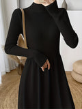 vlovelaw  Solid Mock Neck Splicing Dress, Elegant Long Sleeve Aline Dress For Spring & Fall, Women's Clothing