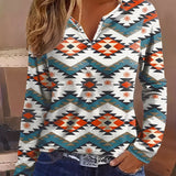 Aztec Print Notched Neck T-shirt, Boho Long Sleeve Ethnic T-shirt, Women's Clothing