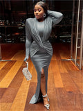 vlovelaw  Asymmetrical Split Hem Maxi Dress, Y2K Long Sleeve Dress, Women's Clothing