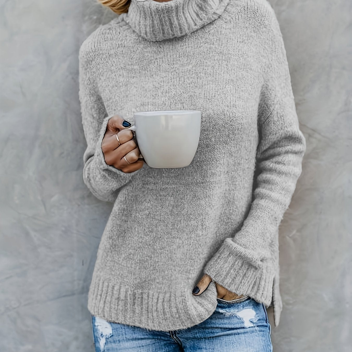 Solid Turtle Neck Pullover Sweater, Casual Long Sleeve Split Sweater For Fall & Winter, Women's Clothing