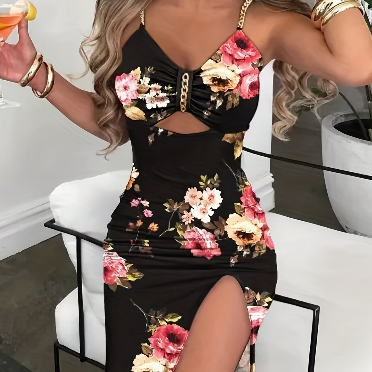 vlovelaw  Floral Print Chain Strap Dress, Sexy Cut Out Sleeveless Bodycon Dress, Women's Clothing