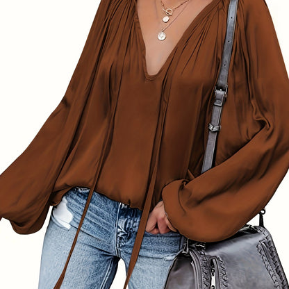 Solid Tie Neck Pleated Blouse, Casual Long Sleeve Blouse For Spring & Fall, Women's Clothing