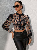 vlovelaw Ethnic Print Cut Out Crop Blouse, Vintage Long Sleeve Tie Back Blouse For Spring & Fall, Women's Clothing