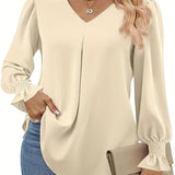 vlovelaw Solid V-neck Simple Blouse, Versatile Lantern Sleeve Blouse For Spring & Fall, Women's Clothing