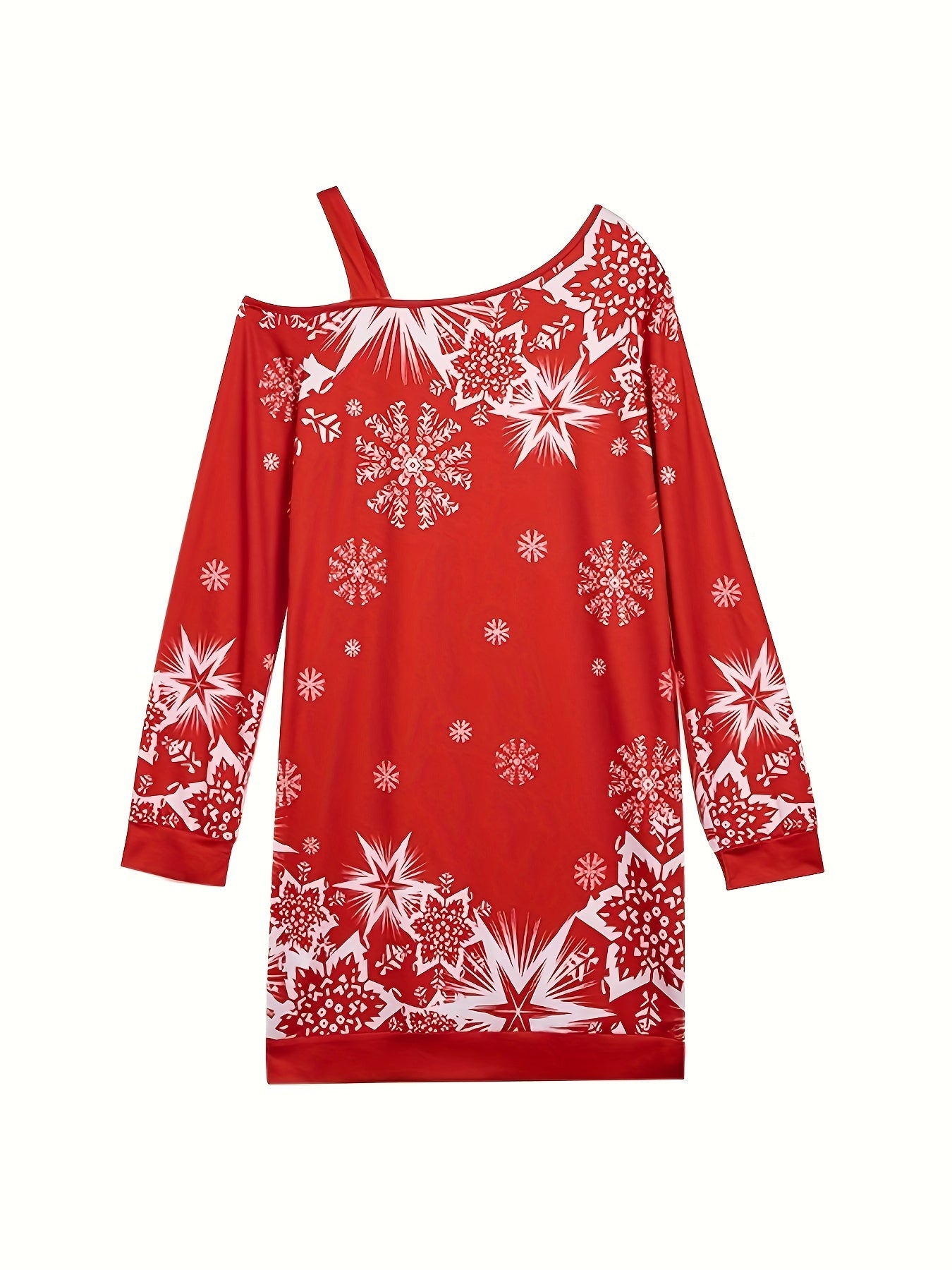 vlovelaw  Christmas Snowflake Print Dress, Casual Long Sleeve Cold Shoulder Dress, Women's Clothing