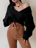 vlovelaw  Solid Cross Front V Neck Sweater, Elegant Long Sleeve Pullover Sweater, Women's Clothing