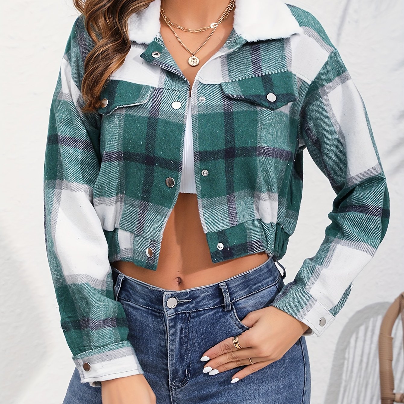 vlovelaw  Button Plaid Faux Fur Collar Jacket, Casual Long Sleeve Crop Jacket For Fall & Winter, Women's Clothing