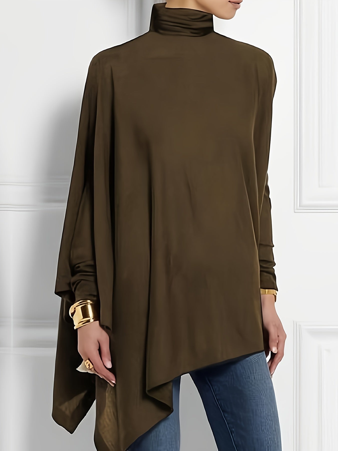 vlovelaw Solid Turtleneck T-Shirt, Casual Long Sleeve Top For Spring & Fall, Women's Clothing