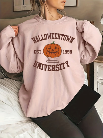 vlovelaw  Plus Size Halloween Sweatshirt, Women's Plus Cartoon Pumpkin & Letter Print Long Sleeve Round Neck Slight Stretch Sweatshirt