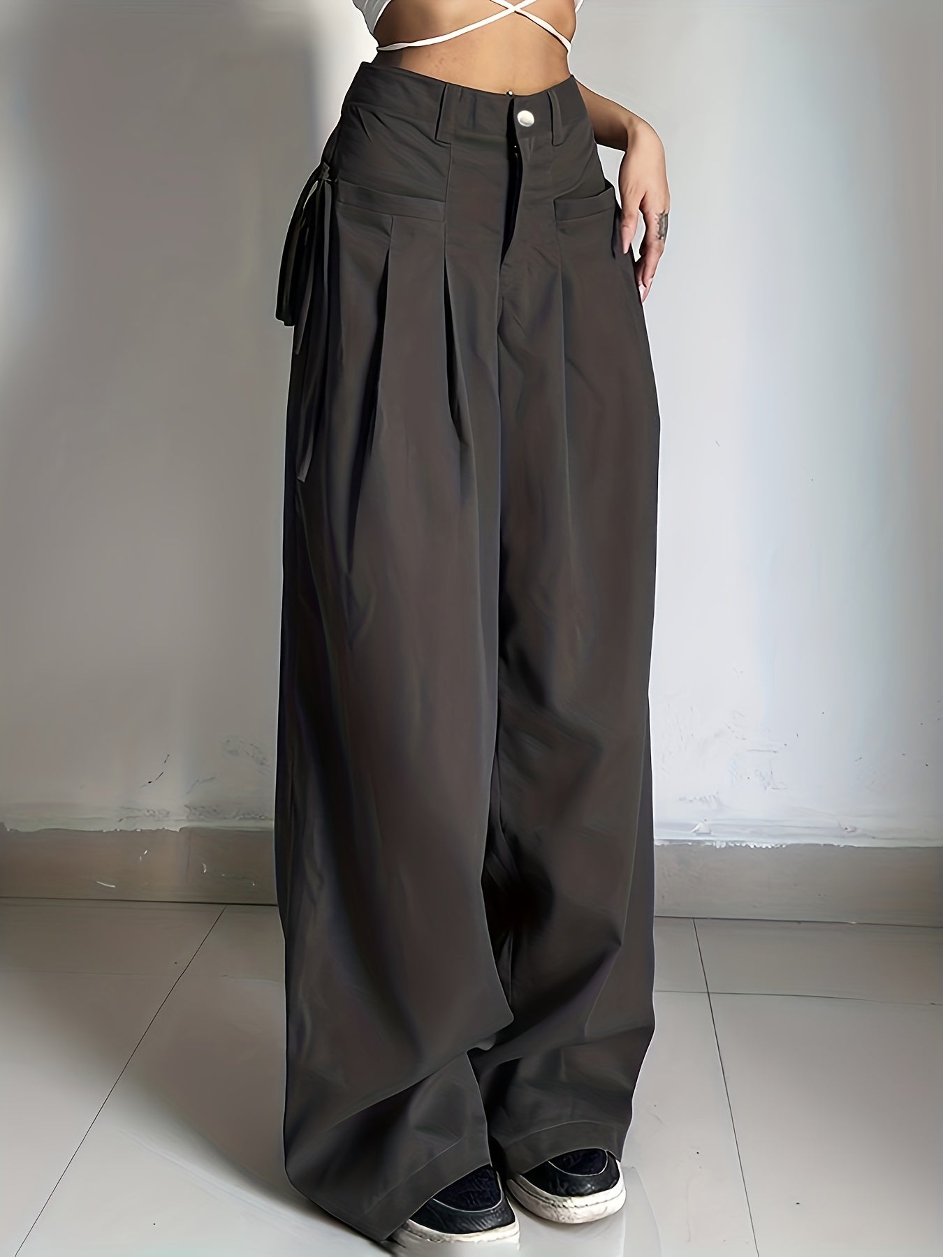 vlovelaw  Solid Side Tied Wide Leg Pants, Casual Pleated High Waist Pants, Women's Clothing