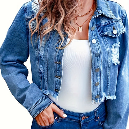 vlovelaw  Blue Ripped Holes Denim Jackets, Long Sleeves Distressed Frayed Hem Lapel Denim Coats, Women's Denim Clothing