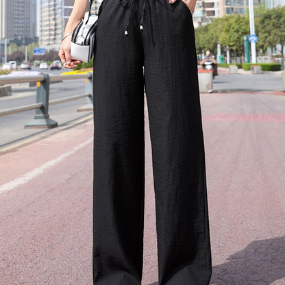 vlovelaw  Minimalist Solid Drawstring Pants, Casual Long Length Elastic Waist Wide Leg Pants, Women's Clothing