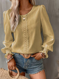 Contrast Lace Solid Blouse, Elegant Crew Neck Lantern Sleeve Blouse, Women's Clothing