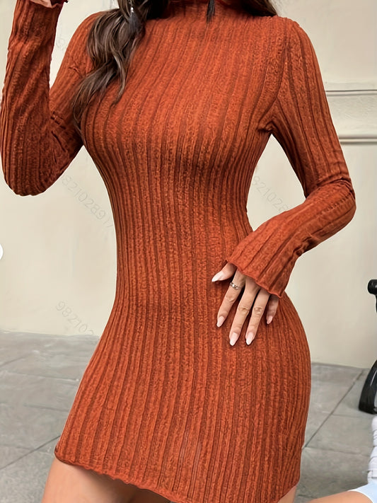 vlovelaw Solid Ribbed Lettuce Trim Dress, Elegant Long Sleeve Bodycon Dress, Women's Clothing