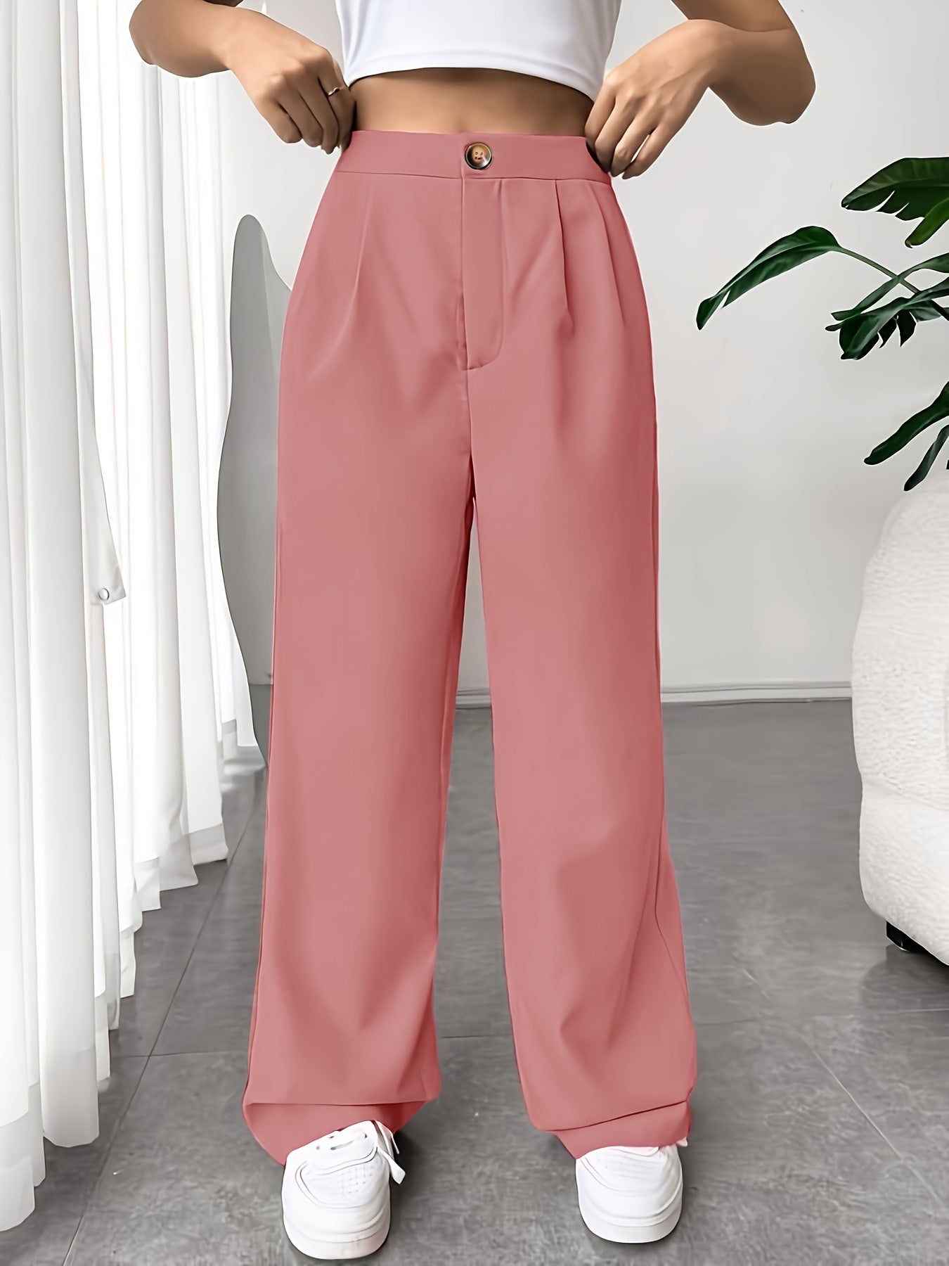 Solid Pleated Wide Leg Pants, Elegant High Waist Long Length Pants, Women's Clothing