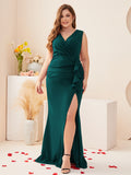 Plus Size Ruched Dress - Stunning Solid Color, Elegant V Neck, Ruffle Trim, Sleeveless Design for Party & Banquet - Designed for Plus Size Women, Perfect for Curvy Figures