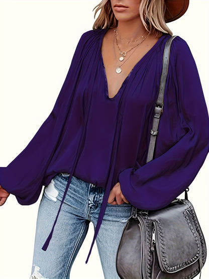 Solid Tie Neck Pleated Blouse, Casual Long Sleeve Blouse For Spring & Fall, Women's Clothing