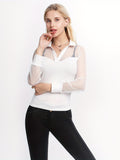 vlovelaw  Solid Sheer Contrast Blouse, Casual Collar Long Sleeve Slim Blouse, Women's Clothing