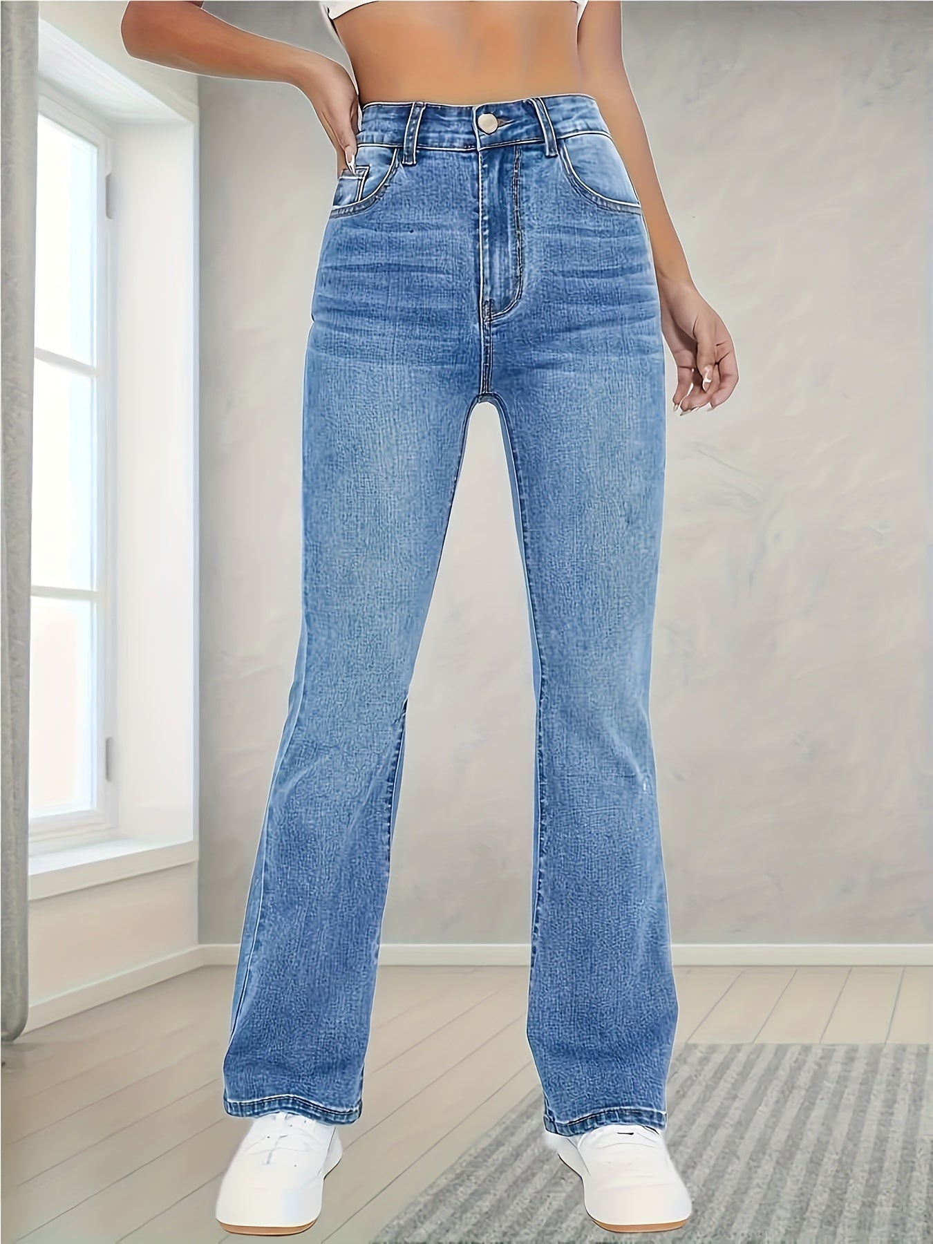 vlovelaw  High Stretch Washed Straight Jeans, Slant Pockets High Waist Denim Pants, Women's Denim Jeans & Clothing