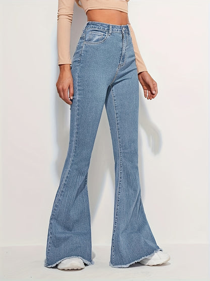 vlovelaw Raw Trim Fashion Bell Bottom Jeans, High Waist Elastic Washed Elegant Denim Pants, Women's Denim Jeans & Clothing