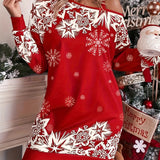 vlovelaw  Christmas Snowflake Print Dress, Casual Long Sleeve Cold Shoulder Dress, Women's Clothing