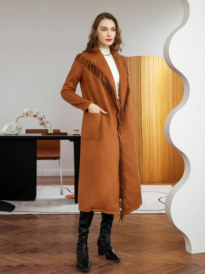 vlovelaw  Tassel With Pocket Solid Coat, Casual Belted Long Sleeve Coat For Fall, Women's Clothing