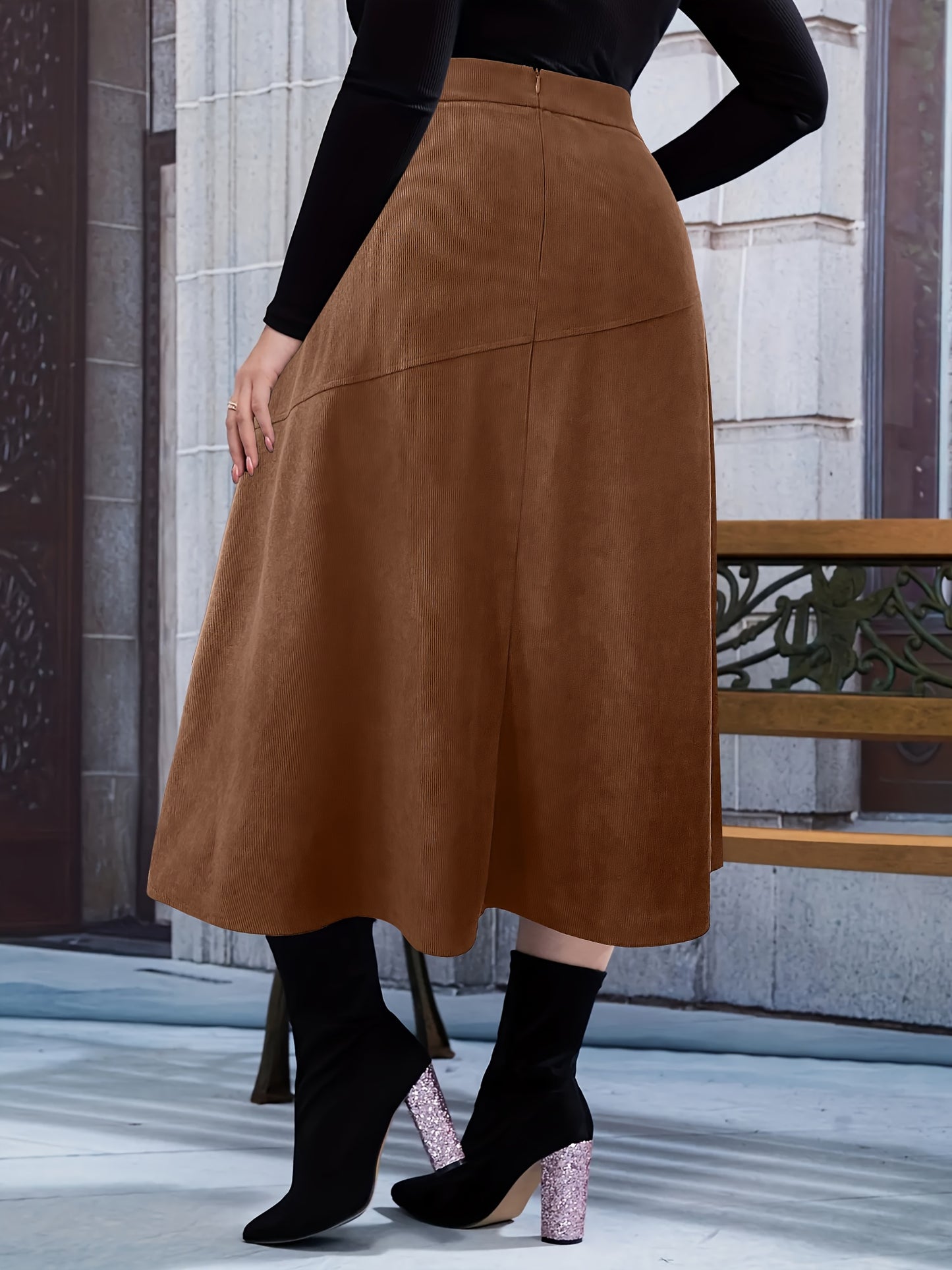 vlovelaw Plus Size Elegant Skirt, Women's Plus Solid Corduroy High Rise Midi A-line All-match Skirt