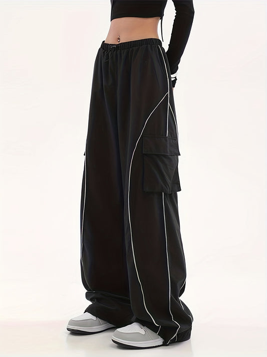 Y2K Striped Drawstring Pants, Baggy Long Length Wide Leg Pants, Women's Clothing