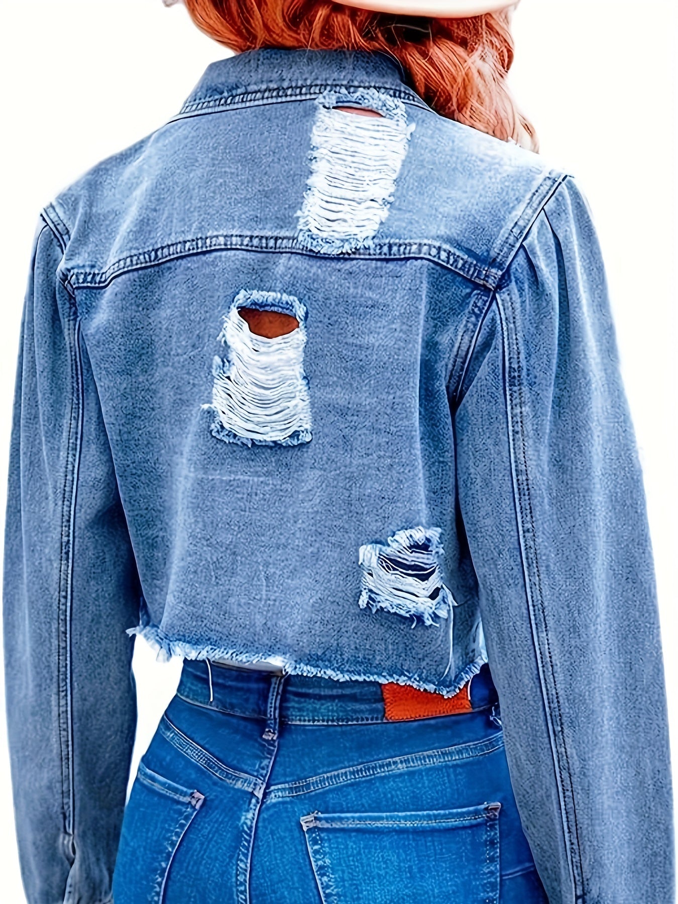 vlovelaw  Blue Ripped Holes Denim Jackets, Long Sleeves Distressed Frayed Hem Lapel Denim Coats, Women's Denim Clothing