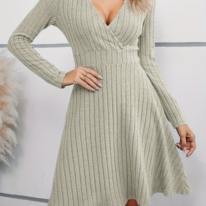 Surplice Neck Flare Dress, Casual Rib Knit Long Sleeve Dress, Women's Clothing