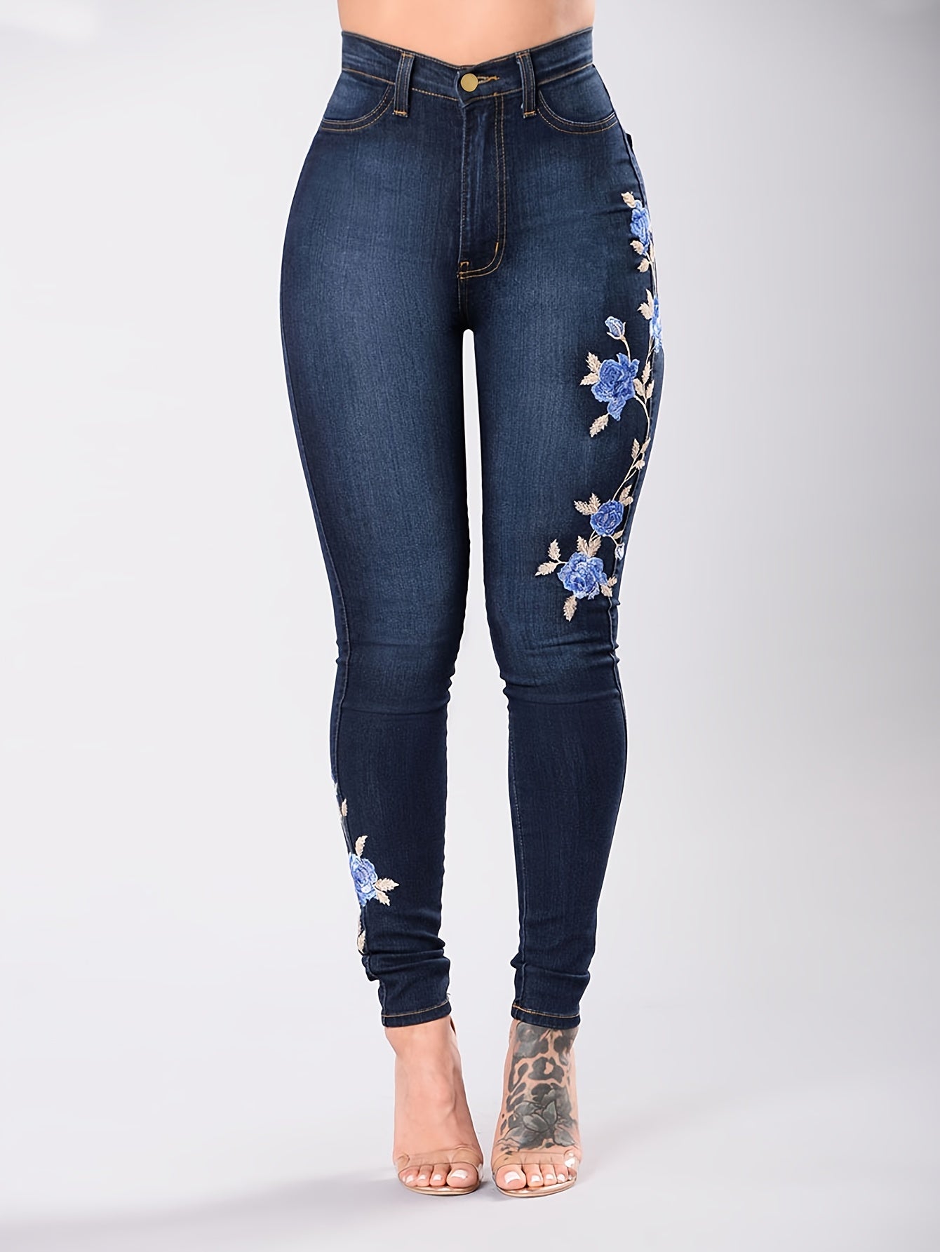 vlovelaw  Blue Floral Embroidery Skinny Jeans, Zipper Button Closure Medium Strech Elegant Denim Pants, Women's Denim Jeans & Clothing