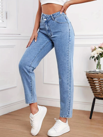 vlovelaw  Overlap Leisure Tapered Jeans, Slash Pocket Trendy Loose Denim Pants, Women's Denim Jeans & Clothing