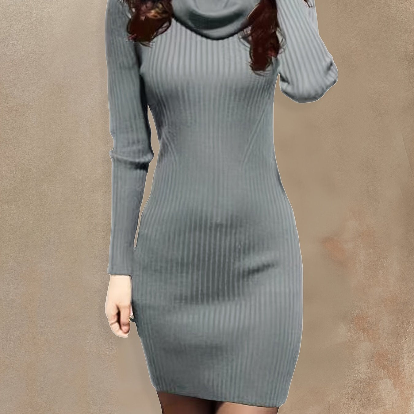 vlovelaw  Solid Cowl Neck Bodycon Knitted Dress, Sexy Long Sleeve Dress For Fall & Winter, Women's Clothing