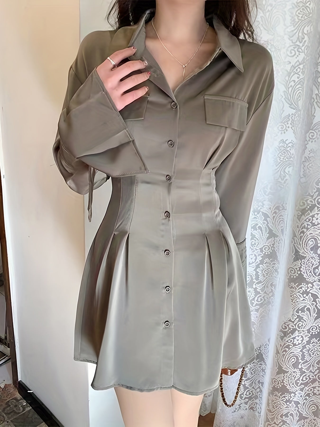 vlovelaw  Button Front Tucked Dress, Casual Solid Long Sleeve Collared Shirt Dress, Women's Clothing