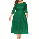 Plus Size Elegant Midi Lace Dress with 3/4 Sleeves - Crew Neck, Trapeze Hem, Pocket Details, Fitted Silhouette - Perfect for Wedding, Evening, Occasion, and Engagement Ceremony