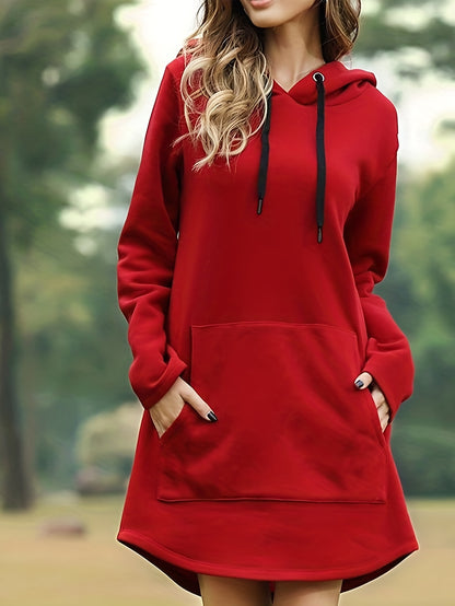 Solid Drawstring Pocket Hooded Dress, Casual Long Sleeve Dress For Spring & Fall, Women's Clothing