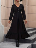High Waist Simple Dress, Elegant V Neck Long Sleeve Midi Dress, Women's Clothing