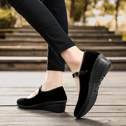 Stylish Womens Solid Color Wedge Heeled Shoes - All-Season, Buckle Closure, Comfortable Platform Shoes with All-Weather Grip and Plain Toe - Perfect for Casual Occasions